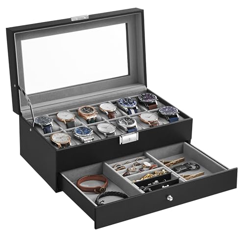 SONGMICS Uhrenbox mit 2 Ebenen, Uhrenkasten, 12 Fächer und 1 Schublade, Glasdeckel, Uhrenkoffer, für Ringe, Armbänder, Weihnachten, schwarzer Kunstlederbezug, graues Innenfutter JWB012G01