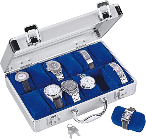 SAFE 265 ALU Uhrenaufbewahrungsbox Herren für 12 Uhren - Schmuckhalter in königsblauem Samt - abschließbare Uhren Box mit Glasdeckel und abnehmbaren Uhrenkissen