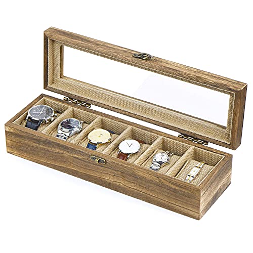 SRIWATANA Uhrenbox 6 Uhren Organizer Uhrenkasten Holz mit Glasfenster Vintage Design Geburtstag Geschenk für Herrn Dame Freund Freundin, Braun
