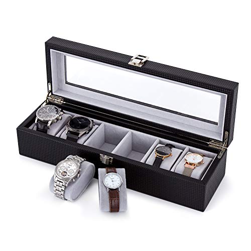 Meerveil Uhrenbox, Uhrenkasten für 6 Uhren mit Glasfenster, 34.5 x 11 x 8.5cm, Kunstleder und Samt-Innenfutter Watch Box mit Silbernem Metallverschluss, Schwarz