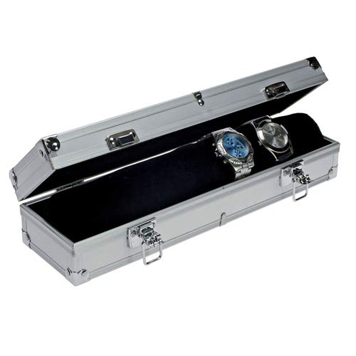 SAFE 255 ALU Uhrenaufbewahrungsbox Herren für 7 Uhren - mit schwarzer Samtrolle als Schmuckhalter - transparenter Deckel - Maße: Ca. 330 x 75 x 90 mm