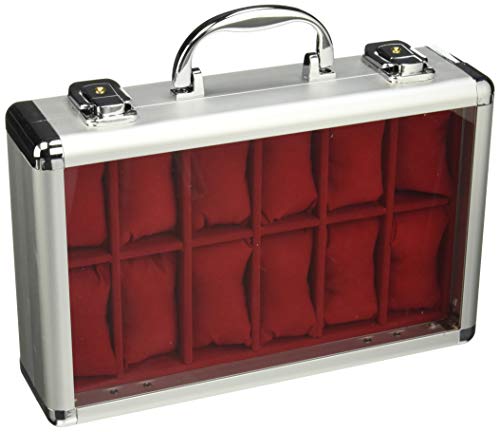 SAFE 265-1 ALU Uhrenaufbewahrungsbox Herren für 12 Uhren-Schmuckhalter in rotem Samt - abschließbare Uhren Box mit Glasdeckel und abnehmbaren Uhrenkissen