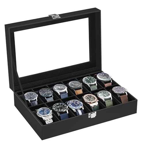 SONGMICS Uhrenbox mit 12 Fächern, Uhrenkasten mit Glasdeckel, Uhrenkoffer mit herausnehmbaren Uhrenkissen, Premium-Uhrenschatulle, PU-Bezug in Schwarz, Samtfutter in Schwarz JWB12B