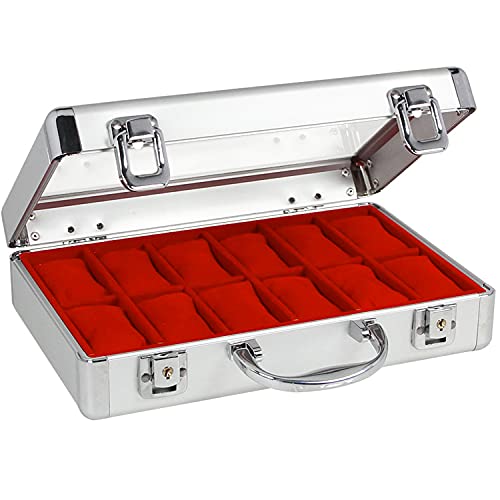 SAFE 266-1 ALU Uhrenaufbewahrungsbox Herren mit 18 Uhren -Schmuckhalter in rotem Samt - abschließbare Uhren Box mit Glasdeckel und abnehmbaren Uhrenkissen