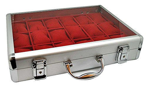 Alu Uhrenkoffer für 18 Uhren Uhrenbox Schaukasten Uhrenkasten ROT 4736