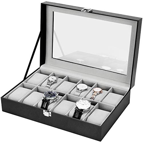 Nisear Uhrenbox mit 12 Fächern, Uhrenkoffer Uhrenkasten aus PU Leder, Uhren Aufbewahrungsbox mit Glasdeckel & Uhrenkisse (Schwarz)