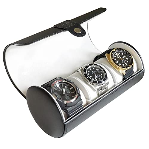 Case Elegance zylindrische Uhrenbox aus Vegan Leder in Schwarz für 3 Uhren
