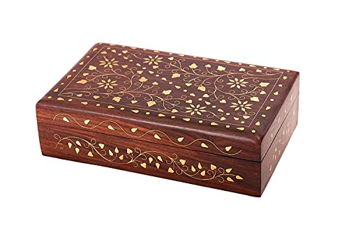 Wooden Decorative Jewelry Storage Keepsake Box Organiser with Mughal Inspired Brass Inlay 8x5 Inches