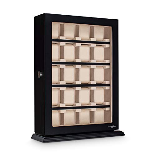 Hermann Jäckle - Uhrenvitrine Backnang I Vitrine für 20 Uhren I Uhrenbox Holz I Uhrenkasten in mattem Schwarz I Uhrenaufbewahrung I Uhrenbox für Armbanduhren I abschließbare Uhren-Box