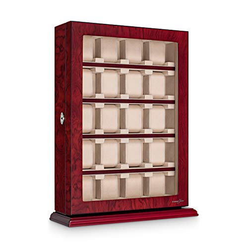 Hermann Jäckle - Uhrenvitrine Marbach I Vitrine für 20 Uhren I Uhrenbox Holz I Uhrenkasten rot mit Bubinga Dekor I Uhrenaufbewahrung I Uhrenbox für Armbanduhren I abschließbare Uhren-Box