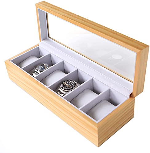 Case Elegance Edle Uhrenbox für 6 Uhren mit Glasfenster aus Kieferholz