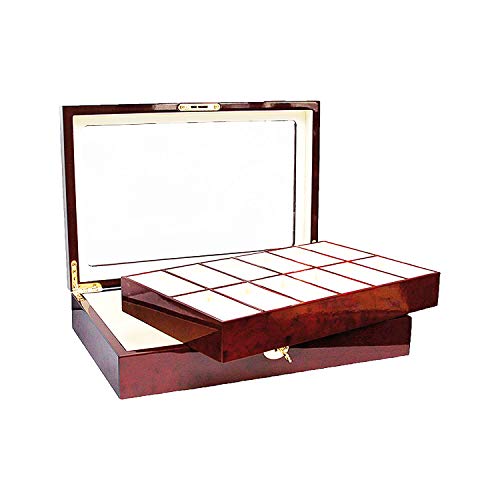 SAFE 260 Lackholz Uhrenaufbewahrungsbox Herren Damen aus Holz für 12 Uhren - mahagonifarbend - einzeln abnehmbare Fächer - Verschließbar - mit Klarsicht Deckel - 360 x 238 x 76 mm