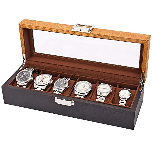 LOSKORIN Uhrenbox Schmuckkästchen, Uhrenaufbewahrung Uhrenkasten Holz mit Glasfenster Geschenk für Herrn Dame, Uhrenaufbewahrungsbox, Uhrenschachtel, Uhrenschatulle