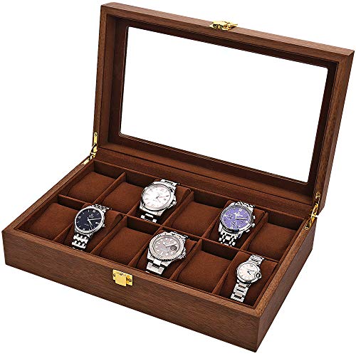 LOSKORIN Uhrenbox 12 Uhren Uhrenaufbewahrung Uhrenkasten Holz mit Glasfenster Geschenk für Herrn Dame
