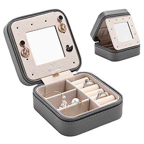 Vee Schmuckkästchen Reise, Kleine Schmuckschatulle für Damen, Reise Schmuckaufbewahrung mit Spiegel, PU-Leder Schmucketui Schmuckbox Jewelry Box für Ringe, Armbänder , Ohrringe, Halskette, Geschenk - Grau