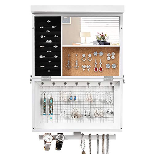 Seelux Schmuckschrank Hängeschrank Wand Schmuck Organizers Schmuckhalter für Halskette Ohrringhalter Armbanduhr Ringe, 34x10x50cm, Holz, Weiß (Mehrweg)