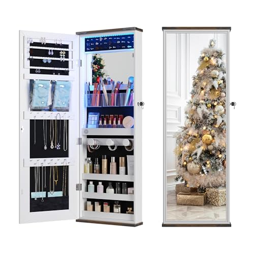 FREDEES Hängender Schmuckschrank mit Ganzkörperspiegel, Wandmontierte Schmuckkommode mit LED-Beleuchtung