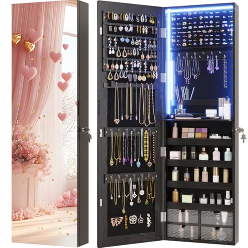 Vlsrka LED Schmuckschrank Hängend, Türspiegel/Wandspiegel, mit Spiegel Abschließbar