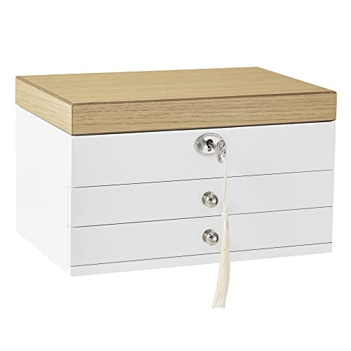 SONGMICS Schmuckkästchen mit 3 Ebenen, Schmuckkasten aus Holzwerkstoff, Schmuck-Organizer, Schmuckbox, mit Schubladen, für Ringe, Ohrringe, Armbänder und Halsketten, Weihnachten, weiß JOW15WN