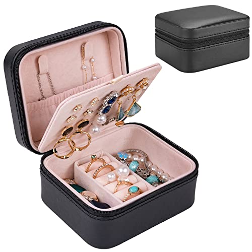 Lolalet Reise Schmuckbox, Klein Travel Jewelry Box Organizer, Schmuck Etui Koffer Schmuckschatulle Damen, Schmuckkästchen aus PU-Leder für Ohrringe, Ringe, Zarte Ketten, Uhren und Lippenstift -Schwarz
