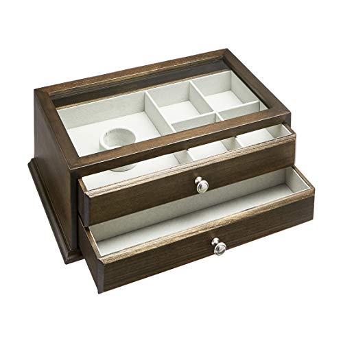 Amazon Basics - Schmuckkasten für Uhren, Ringe, Halsketten aus Holz, mit Glasoberseite, 2 Schubladen, Walnussbraun
