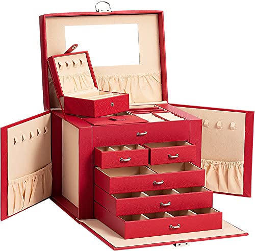 ADEL DREAM Schmuckkasten, Schmuckkoffer, groß, abschließbar, 5 Ebenen mit 5 Schubladen, mit Spiegel, für Ringe, Ohrringe, Halsketten und Armbänder, elegant und klassisch (Rot.)