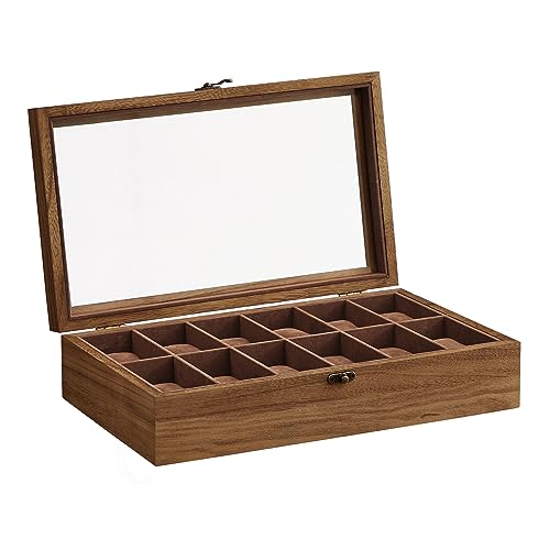 SONGMICS Uhrenbox mit 12 Fächern, Uhrenkasten aus Massivholz, mit Glasdeckel, Uhrenkissen, Geschenk für Ihre Liebsten, walnussfarben JOW120K01