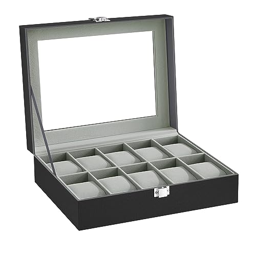 SONGMICS Uhrenbox mit 10 Fächern, Uhrenkasten mit Glasdeckel, Uhrenkoffer mit Herausnehmbaren Uhrenkissen, SAMT-Innenfutter, Metallverschluss, aus PU, Schwarz JWB010BK, Grau, 25,4 x 7,8 x 20,2 cm