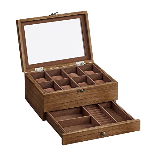 SONGMICS Uhrenbox mit 8 Fächern, Uhrenkasten aus Massivholz, mit Glasdeckel, Uhrenkissen, Schmuckaufbewahrung, Geschenk für Ihre Liebsten, walnussfarben JOW008K01