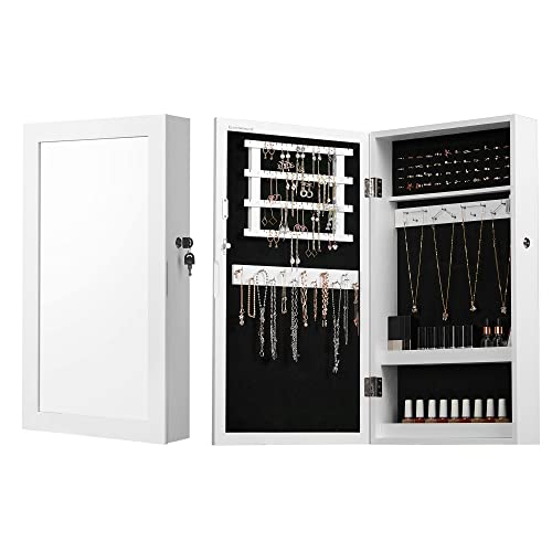 SONGMICS Schmuckschrank, Spiegelschrank, Hängeschrank, abschließbarer Wandschrank, platzsparender Schmuckorganizer, Oberfläche in Weiß, Innenfutter in Schwarz JJC51W