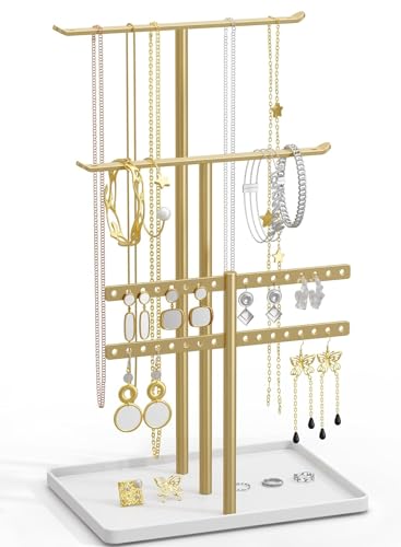 Schmuck Organizers, Schmuckständer 32cm Groß, 4 Ebenen Robust Schmuckaufbewahrung Reise, Schmuckschrank für Halskette, Armband, Parfüm und Ohrringe, Deko Aesthetic Accessoires, Gold/Weiß