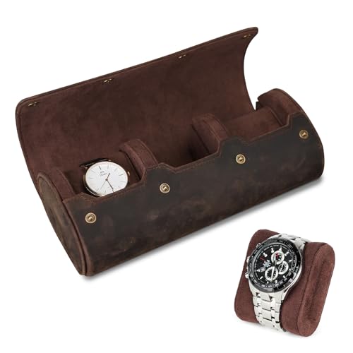 VINBAGGE Uhrenbox Uhrenrolle uhrenkasten Reisetasche Vintage Uhrengehäuse Zylindrische mit herausnehmbaren Uhrenkissen Uhrentasche Echtleder für Herren Damen (Braun,3 Schlitze)