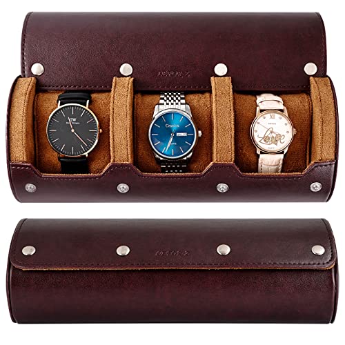 LEFOR·Z Uhrenbox Organizer Uhrenrolle 3 Uhren Uhrenetui für Herren Uhrendisplay Afbewahrungsbox Tragbare Uhrenrolle PU Leder Watch Box(Braun)