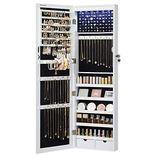 SONGMICS Schmuckschrank hängend, Wandspiegel, 6 LED-Glühbirnen, abschließbarer Spiegelschrank, Wandschrank, Wandmontage, an der Tür hängend, weiß mit Holzmaserung JBC93W