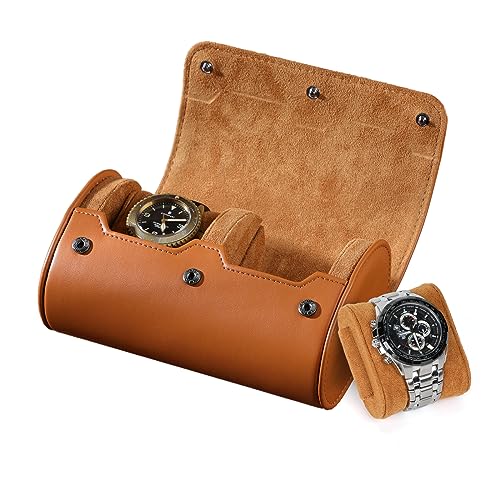 Asvert Uhrenrolle Watch Box Travel Watch Case Reise Uhrenbox 2 Uhren Uhrenbox Reiseetui für Kleine Uhren Uhrenetui Reisen Transportbox Uhrentasche Leder Echt(Braun)