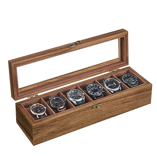 SONGMICS Uhrenbox mit 6 Fächern, Uhrenkasten aus Massivholz, mit Glasdeckel, Uhrenkissen, Geschenk für Ihre Liebsten, walnussfarben JOW006K01