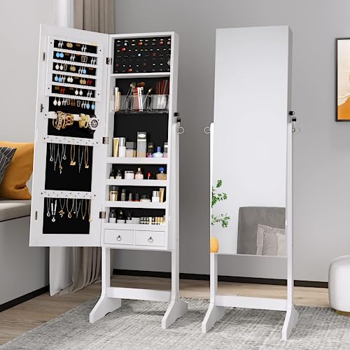 Dripex Schmuckschrank mit Spiegel stehend, Schmuck Spiegelschrank abschließbar, 2 in 1 Make-Up und Schmuck Aufbewahrung, Schmuck Organizer mit Standspiegel für Ketten, Ohrringe, Schminke, weiß