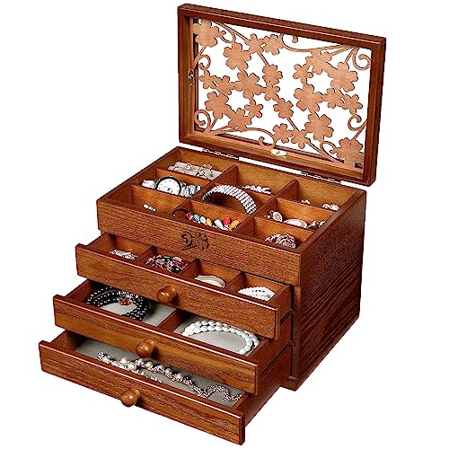 Changsuo Holz-Schmuckkästchen für Damen mit Schubladen, mittelgroßer Schmuckaufbewahrungs-Organizer mit Acryldeckel für Uhren, Ohrringe, Ringe